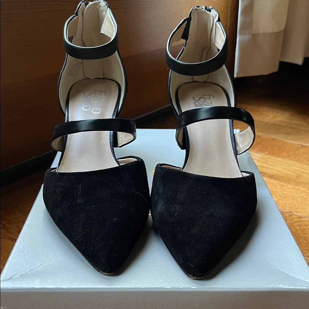 Franco Sarto Black Suede Ankle Strap Heels